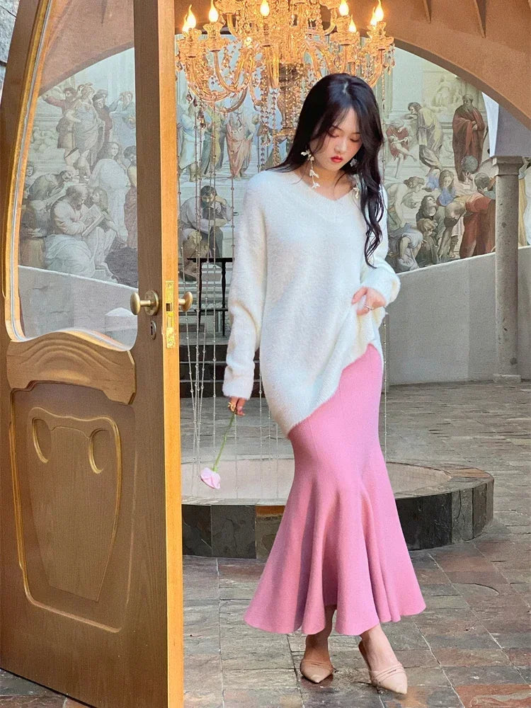 Women's Skirts 2025 Autumn Winter Fashion Knitted Long Skirts for Women Green Vintage Slim Office Lady A-LINE Fishtail Skirt