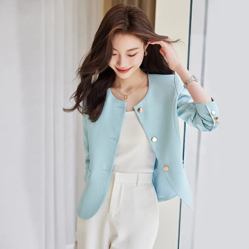 High quality blazer for women short jacket single breasted O neck spring autumn elegant office clothes pink yellow blue white