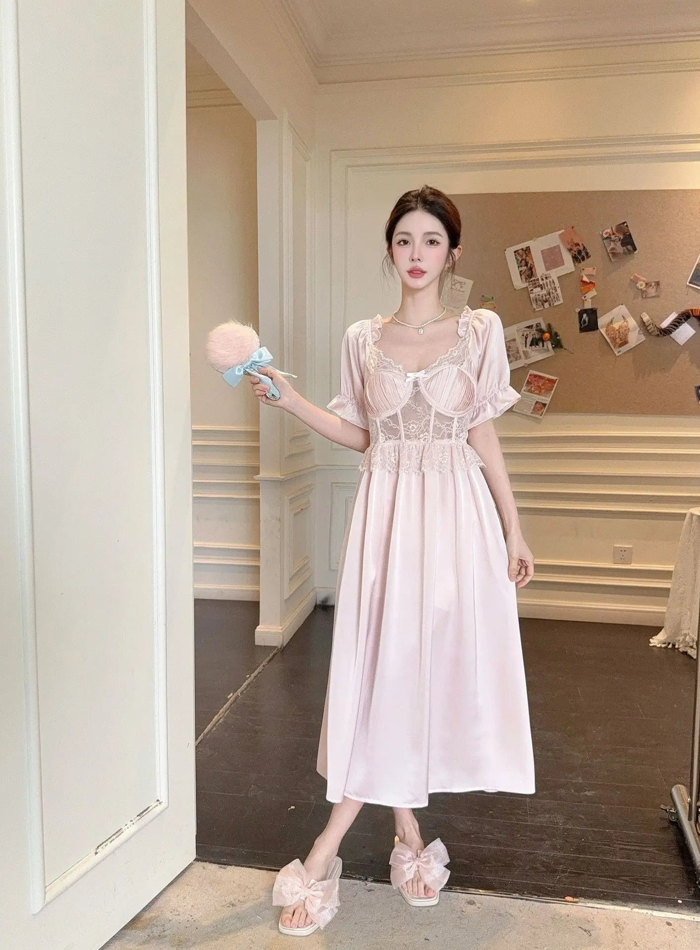 Women Long Nightgown Sleepwear Elegant Retro Court Style Nightdress Home Dressing Gown Spring Summer Rayon Sexy Lace Loungewear