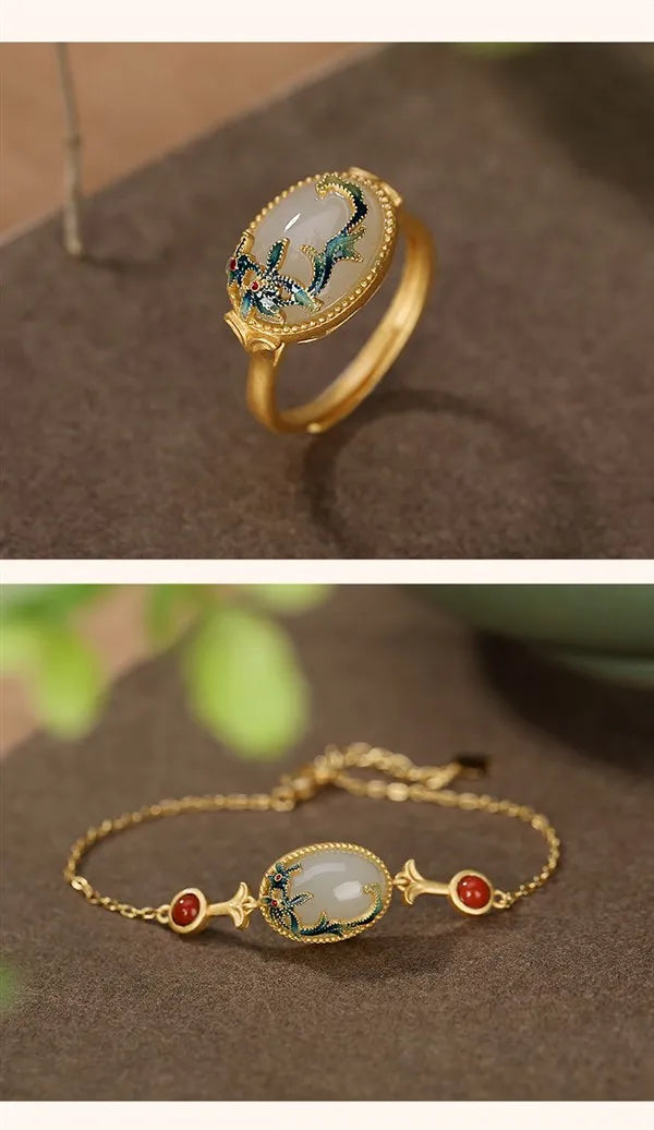 Gold Plated Cloisonne Jewelry Set Inlaid Hetian Jade Chinese Wind Vine Ladies Ring Earring Bracelet Pendant Necklace
