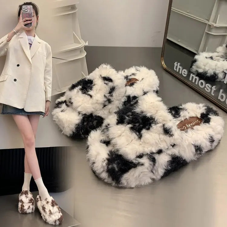Shoes Woman 2025 Cover Toe Slippers Casual Platform Fur Flip Flops Pantofle Luxury Plush New Slides Shoes Woman 2024 Plush Slipp