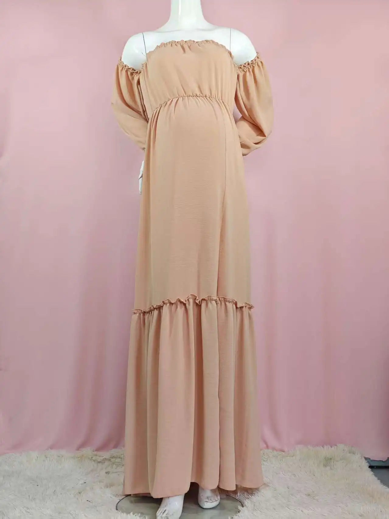 Maternity Photoshoot Dress - Sexy Off-Shoulder Gown Playful Puff Sleeves & Leg-Baring Slit Clothes for Pregnant Women Photograph