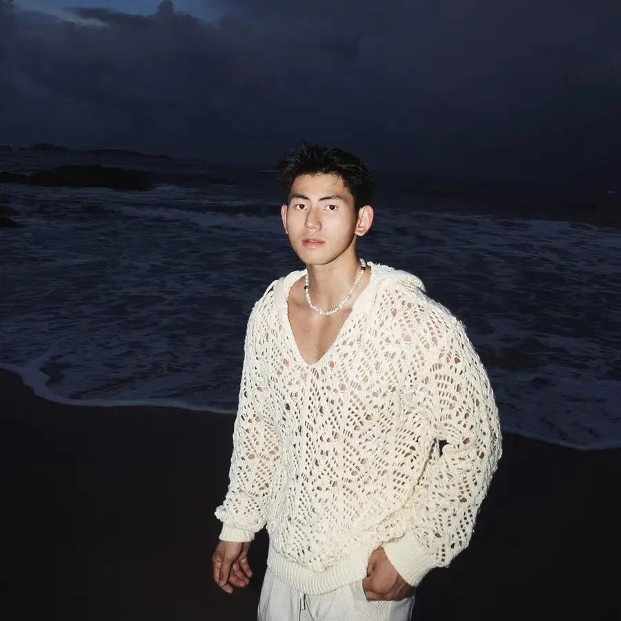 Men Sweater Knitted Hollow Out Sexy Hooded Hoodie Pullover Streetwear Long Sleeve Tops Spring Autumn Coat Man Clothes Trendy New