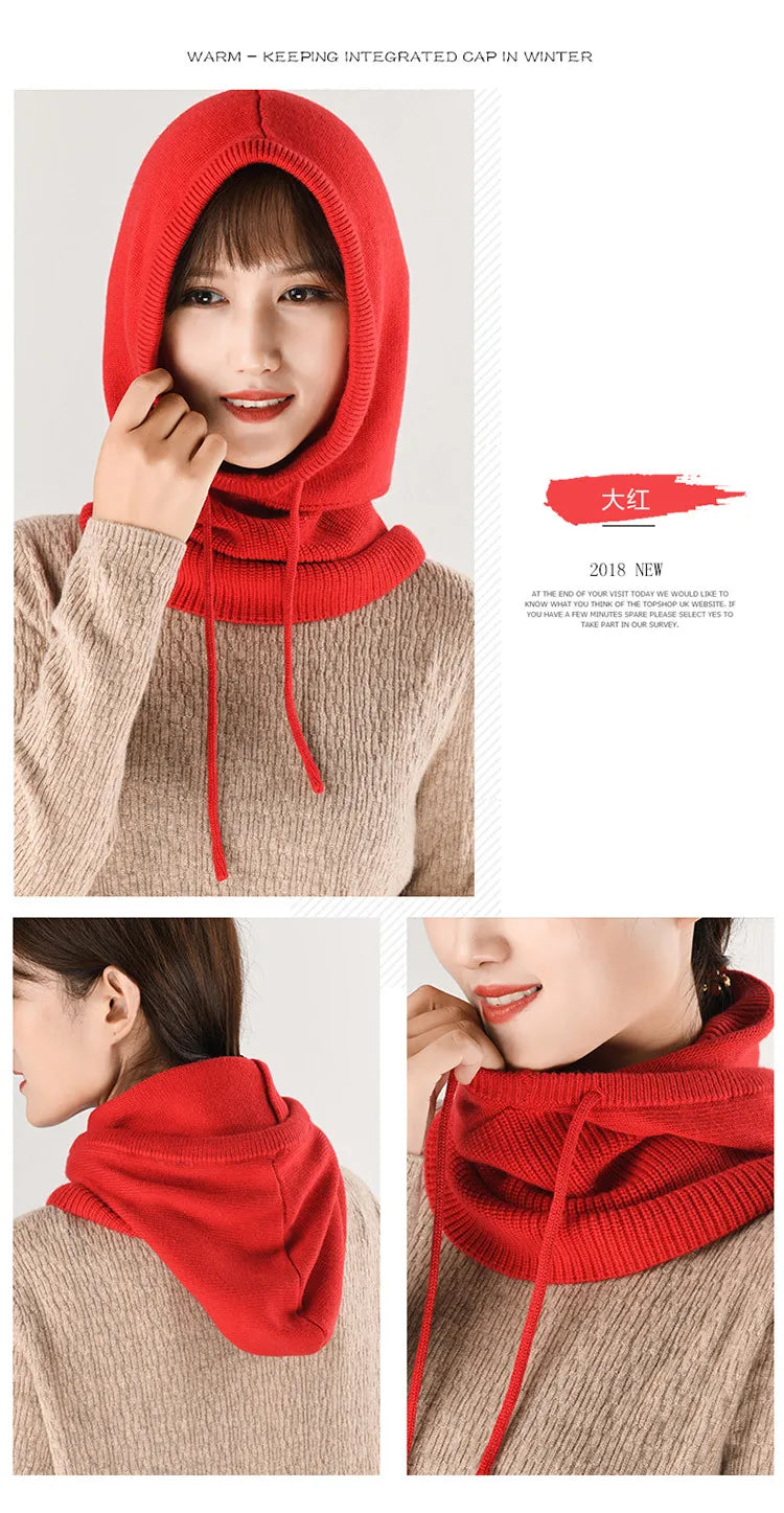 Winter Hats for Women, Wool Blend Hooded Scarf Hat for Girls Balaclava Knit Skull Cap Beanie Hat Neck Gaiters