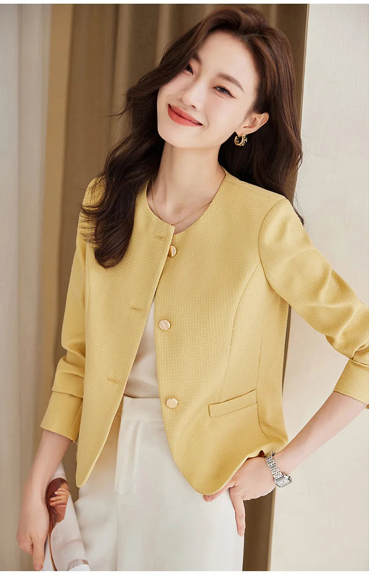High quality blazer for women short jacket single breasted O neck spring autumn elegant office clothes pink yellow blue white