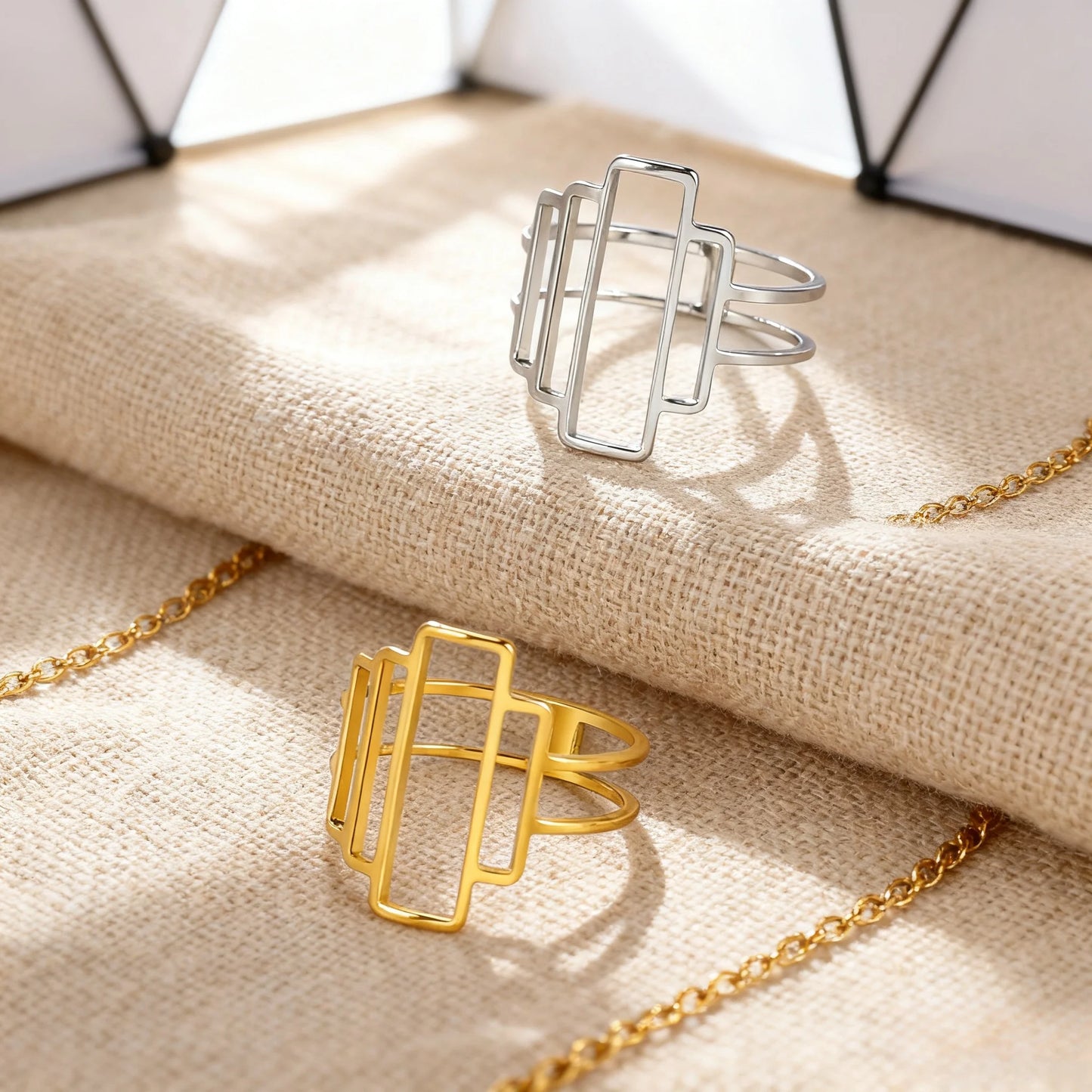 Fashionable and minimalist rectangular geometric ring with hollowed out lines geometric building ring minimalist couple ring