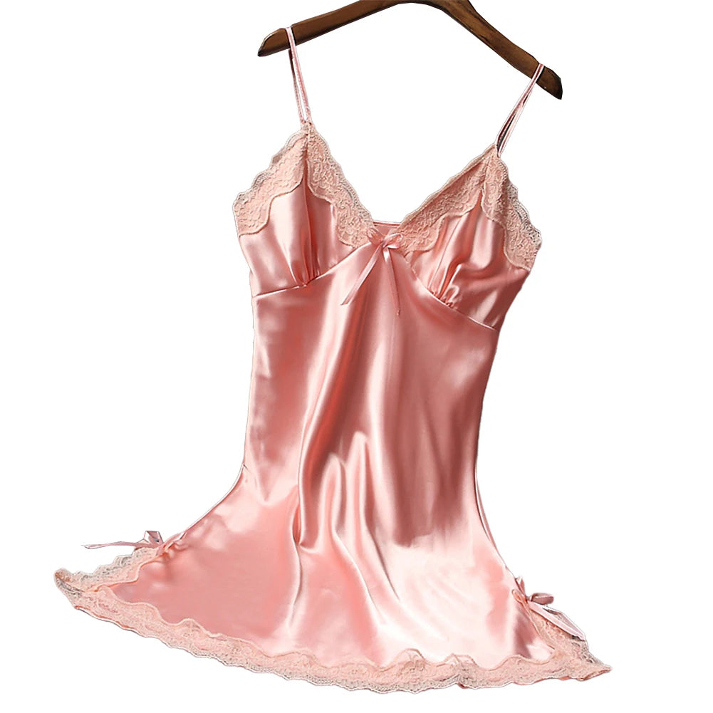Ladies Sexy Silk Satin Night Dress Nightgown Sleeveless Lace Lingerie Sleepwear Ladies Wrap Dress Robe Sleepwear
