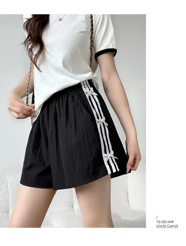 Summer Oversized Shorts Women Striped Bow Fashionable Large Wide Leg Casual Shorts Thin Quick Drying High Waist Straight Shorts
