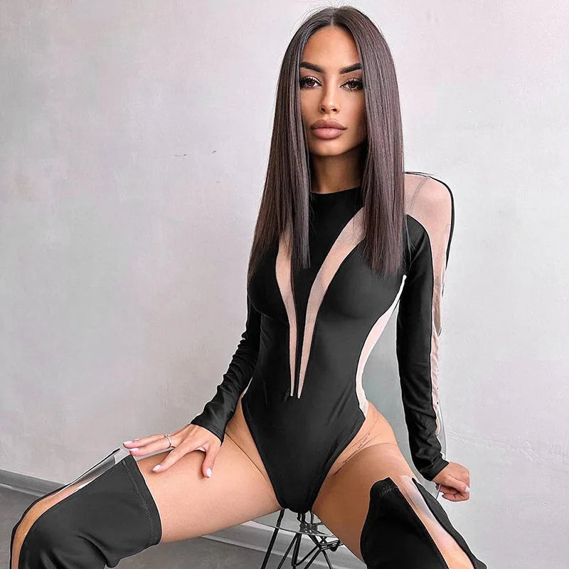 See Through Sexy Bodysuit Lingerie Long Sleeve Lenceria Tranparente One-Pieces Body Feminino Skinny Corset Top Women Rave Outfit