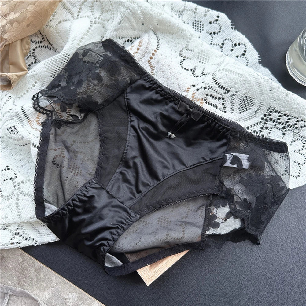 Sexy Women Panties French Style Lace Panty Satin Silk Seamless Briefs Breathable Lingerie Breathable Underwear Ultra-Thin Trunks