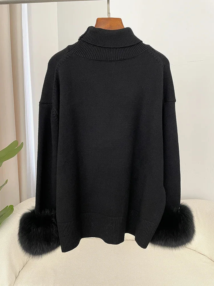 Sweater Women 2024 Autumn Winter Fashionable Sweaters with Real Fox Fur Sleeves Slim Fit Sweaters Fur Knitwear England Style