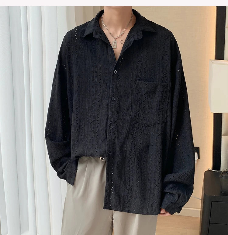 Shirts for Men Hollow Out Lapel Men Blouse Vacation Sexy Handsome Fashion Men Clothing Mesh Long-sleeved Shirts Black/Apricot