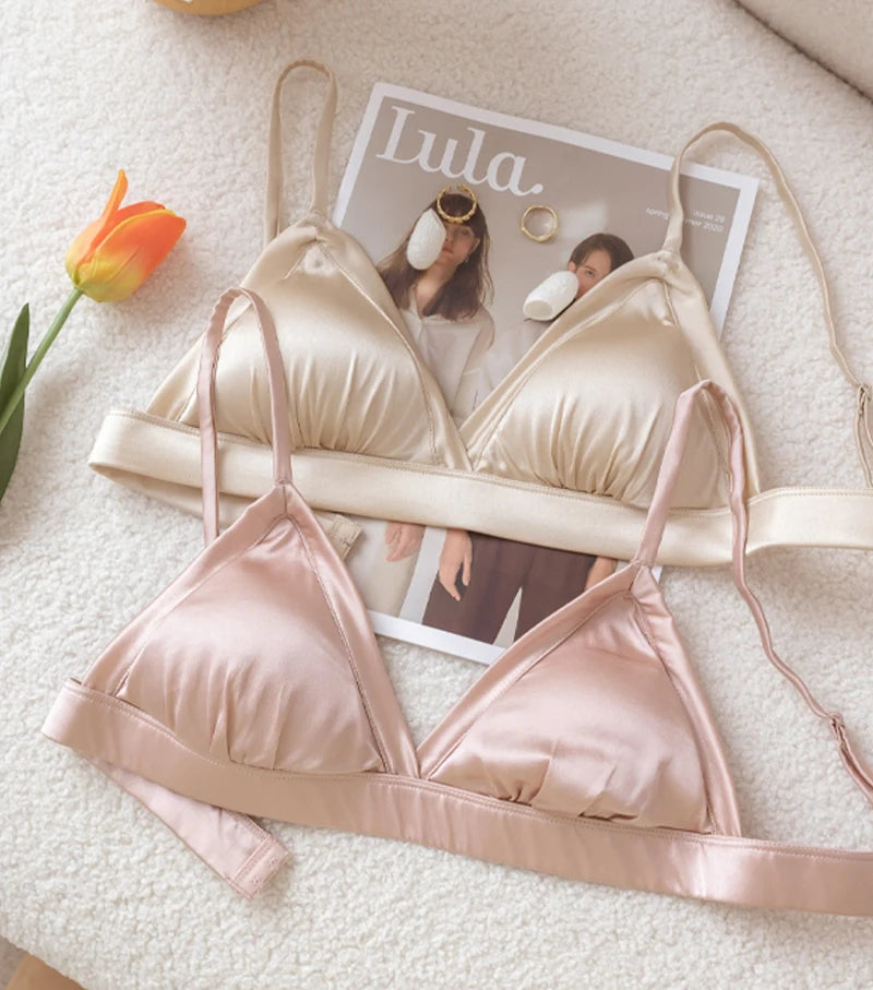 Bralettes for Women 93.8% Mulberry Silk Bra Wireless Wire Free No Underwire Sleep Padded Sexy Triangle V Neck Everyday Bra