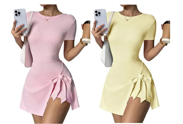 Women Yoga Bodysuit Short Dress Slimming Open Back Two Piece Look Anti See Through Athletic Tennis Skirt for Outdoor Workout