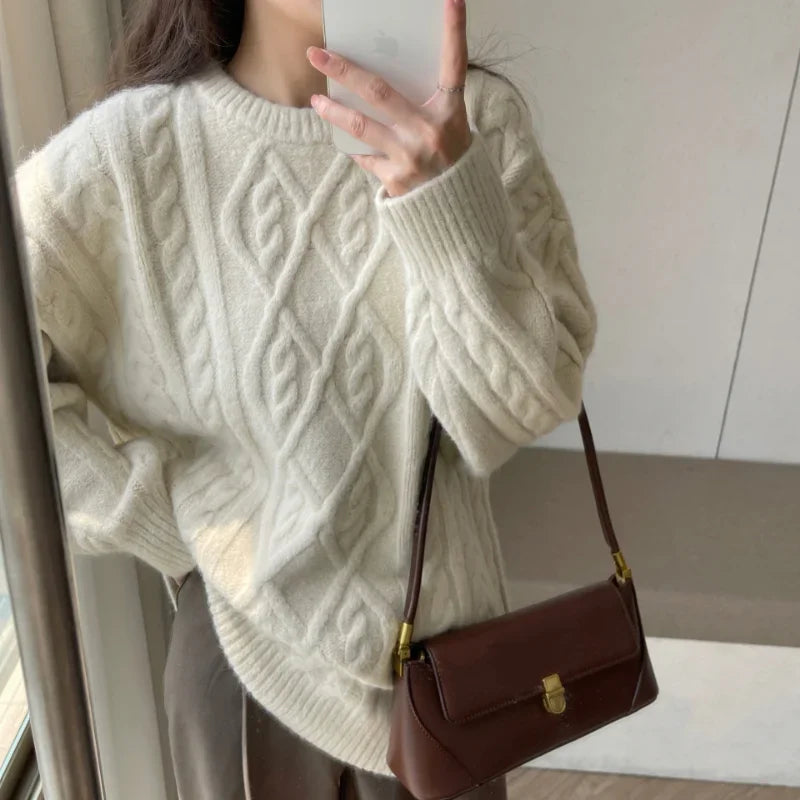 Sweater Woman Winter 2023 Round Neck Bottoming Twist Sweater Lazy Wind Loose Casual Knit Pullover Long Sleeve Pullover Jumper