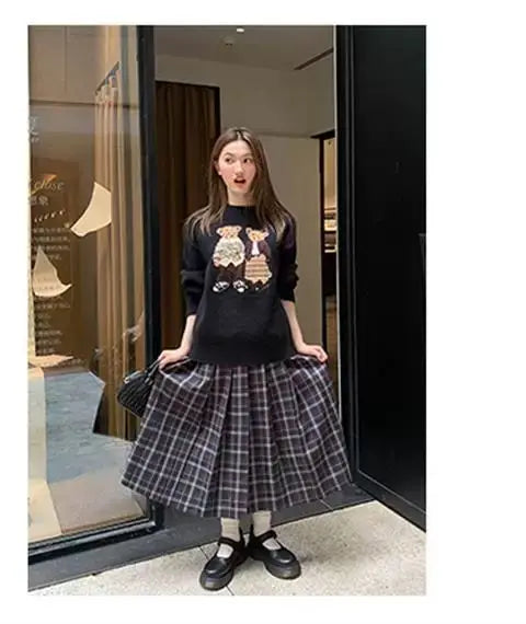 Sweater cartoon small bag core yarn needle retro women's  loose round neck knitted sweater new print black