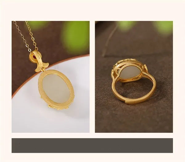 Gold Plated Cloisonne Jewelry Set Inlaid Hetian Jade Chinese Wind Vine Ladies Ring Earring Bracelet Pendant Necklace