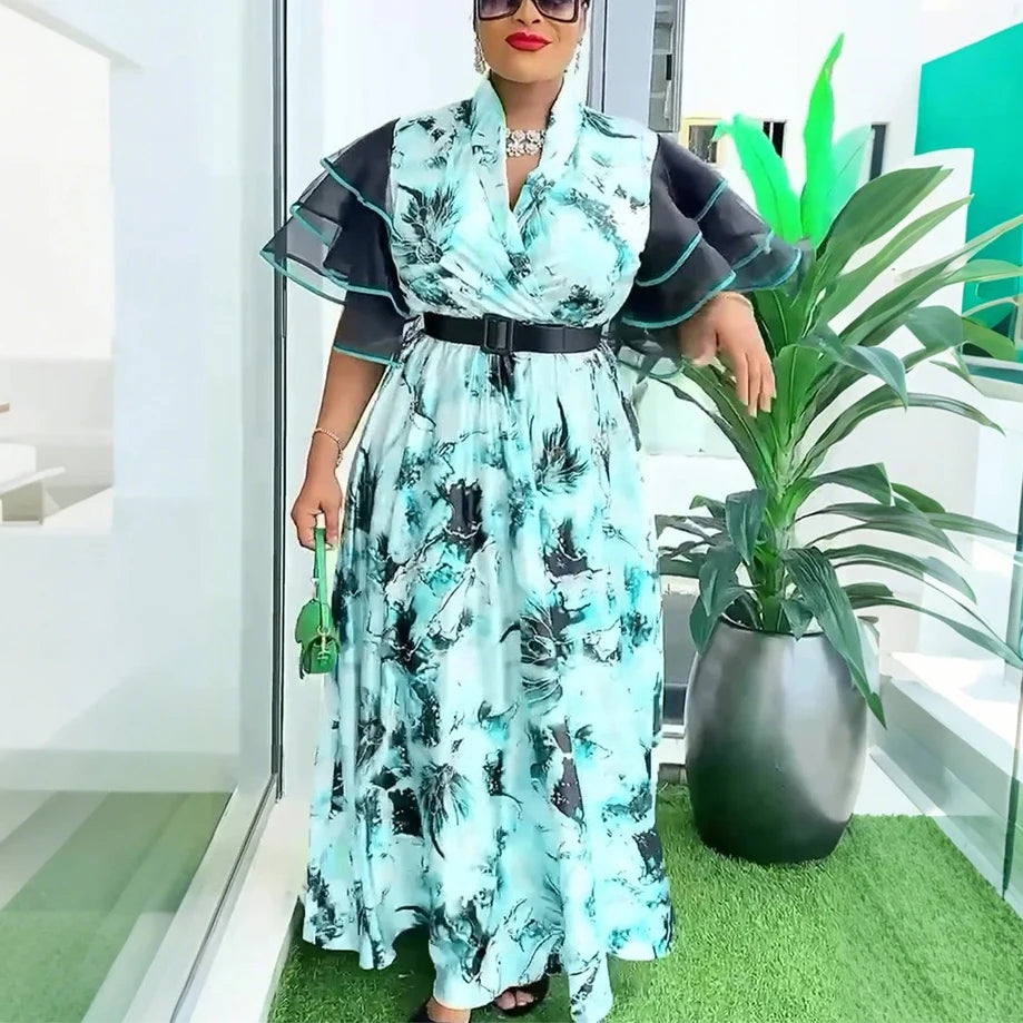 Elegant Printed Dresses for Woman V Neck Ruffles Sleeve Belt Waisted Ankle Length Luxury Birthday Party Dinner Vestidos Mujer