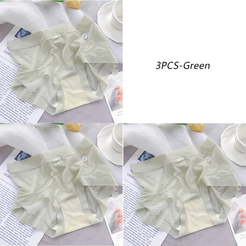 3PCS Women Seamless Panties Ice Silk Transparent Breathable Antibacterial Panty Mid-waist Briefs Cotton Underwear