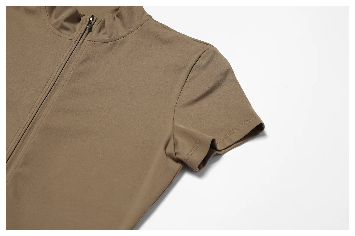 Women's High Elastic Yoga Bodysuit One-Piece Stand Collar Short Sleeve Gym Cycling Workout Sportswear