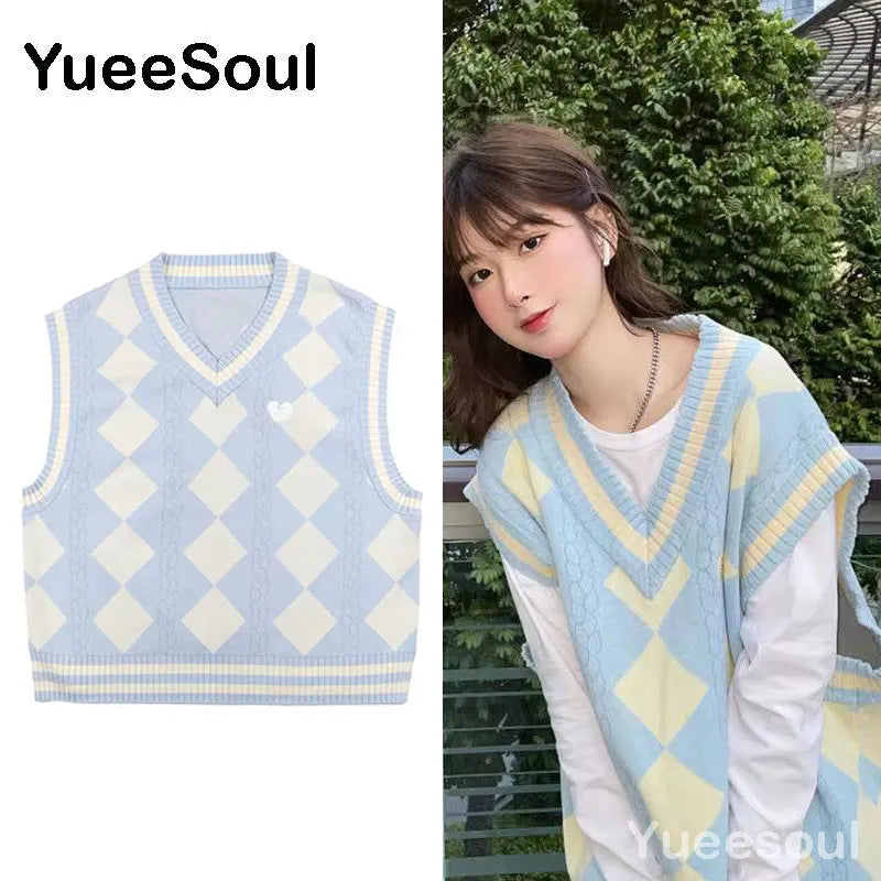 Sweet Kawaii Sweater Vest Printed Sleeveless Casual Outerwear Knitted Waistcoat 2023 Vintage Y2K Spring  E Girl Pullovers Tops