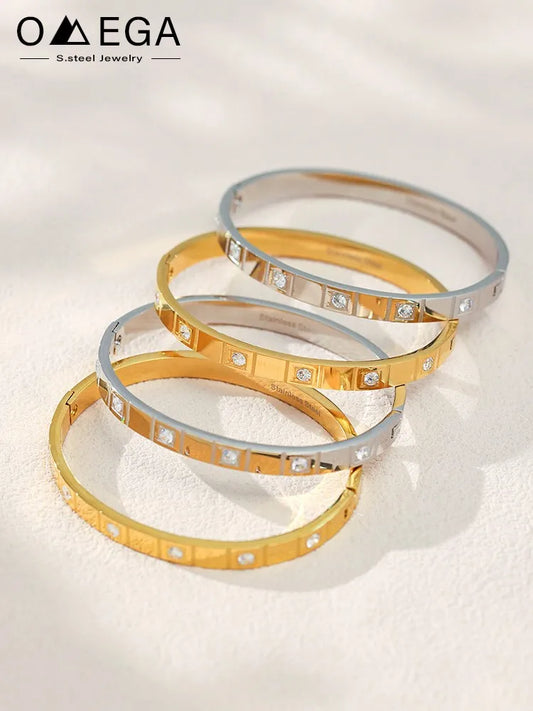 Stainless Steel Bracelet Bangle For Women Men 18k Gold Plated Inlaid Shiny Zircon Openable Unisex Bracelets Bangles Couples Gift