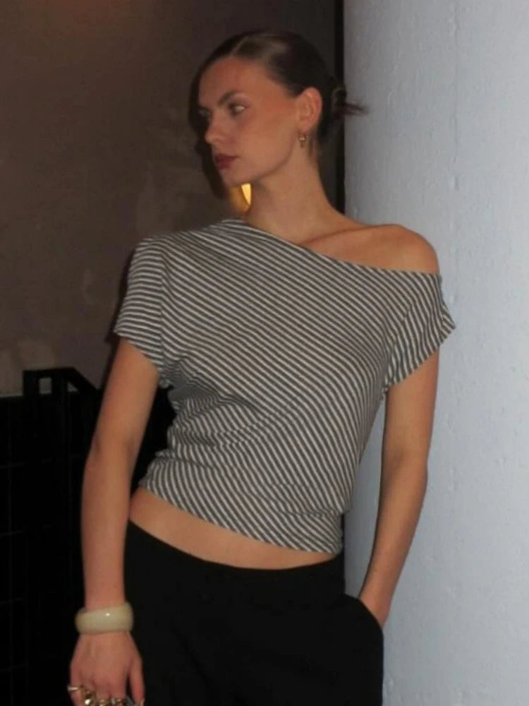 Striped T Shirts For Women Streetwear Inclined Collar Crop Top Y2k Accessories Short Sleeve Grunge Clothes Ropa Mujer Camisetas