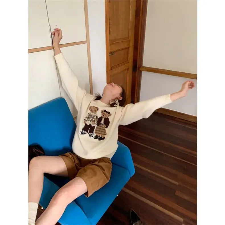 Sweater cartoon small bag core yarn needle retro women's  loose round neck knitted sweater new print black