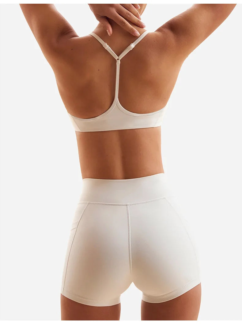 Women's Yoga Suit High Elasticity Naked Breathable Elastic Cross Waist Shorts Hanging Neck Bra Beautiful Back Gym Exercise Set
