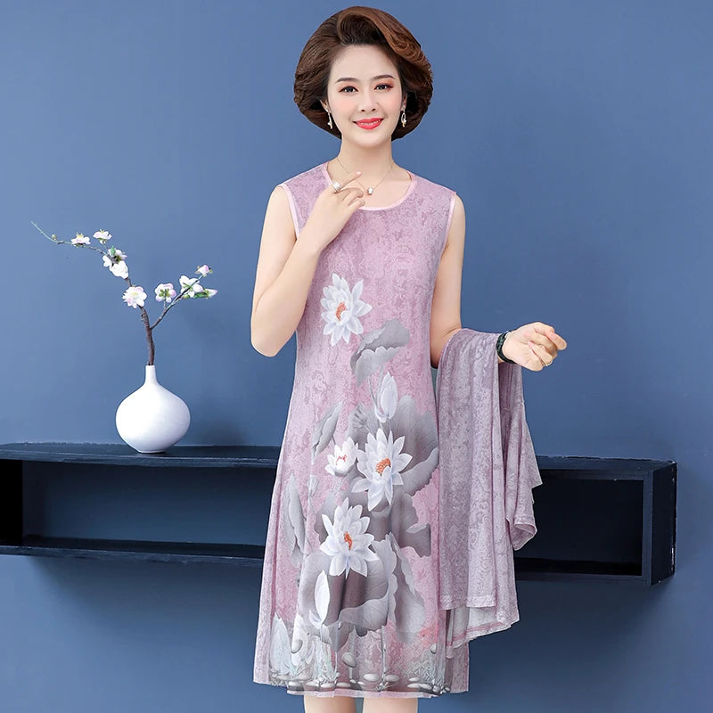 Elegant Dresses Women NEW Summer Casual Retro Temperament printing two Piece Set Dress Mother Dress plus Size