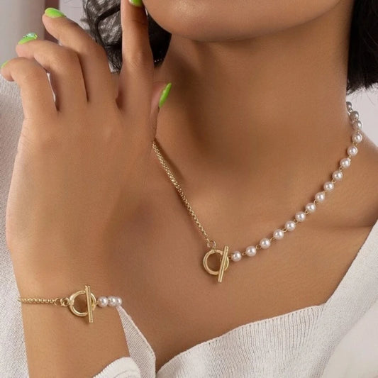 Stainless Steel Jewelry Set Fashion Elegant Design Splicing Pearl Chain Light Luxury Pendant Jewelry Set for Women Бижутерия
