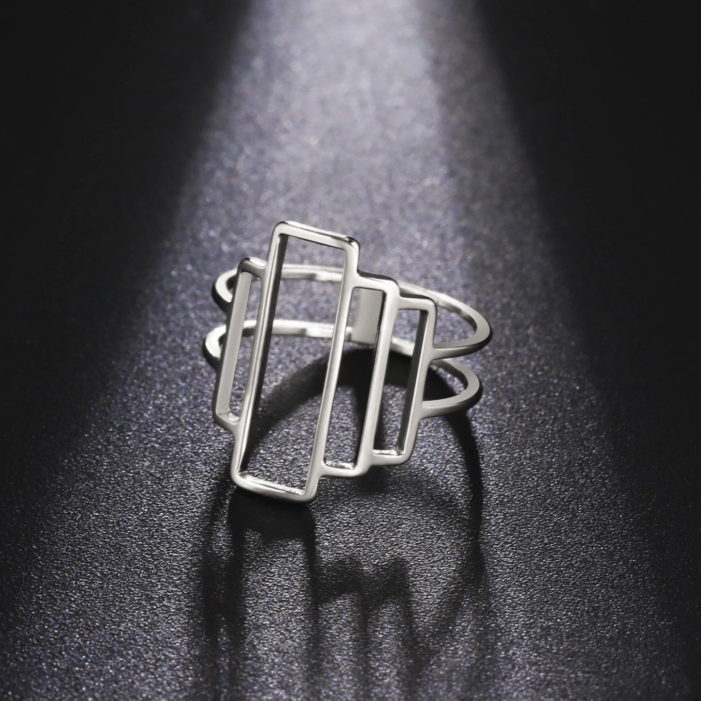 Fashionable and minimalist rectangular geometric ring with hollowed out lines geometric building ring minimalist couple ring