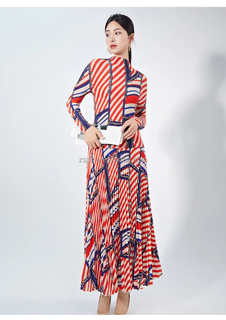 Elegant Women's Two-Piece Dress Set Pleated Striped Long-Sleeved Turtleneck Skirt Ankle Length Woven Fabric Anti-Static