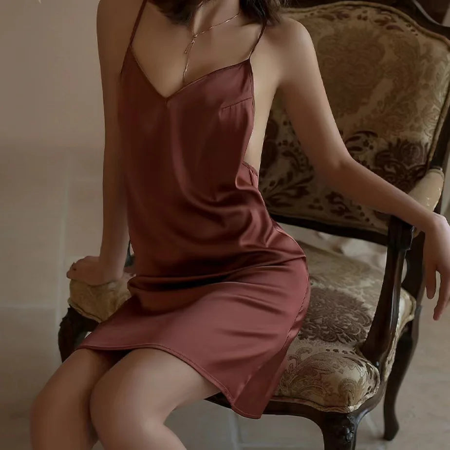 Sexy nightwear women Sleepwear Deep V Suspender Nightdress Beauty Back Simulation Silk Nightgowns Thin Home Clothes
