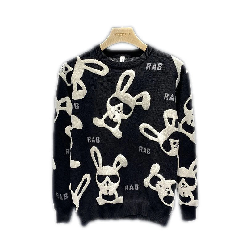Sweater Men's Autumn Winter New Personality Rabbit Round Neck Casual Knitted Sweaters Flocking Print Long Sleeves Slim Pullover