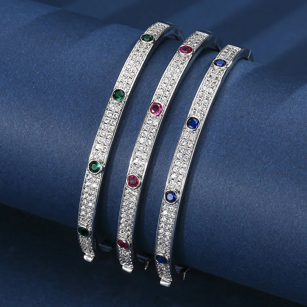 Luxury Wedding Bangles for Women Vintage 4mm Sapphire Emerald Ruby Bracelets Gemstone Party Fine Jewelry Birthday Female Gifts
