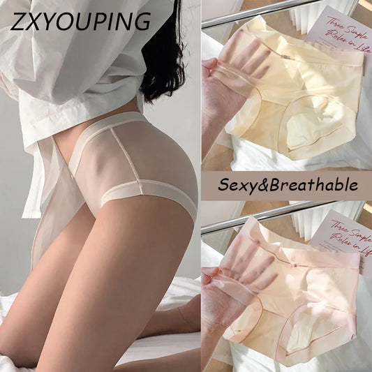 3PCS Women Seamless Panties Ice Silk Transparent Breathable Antibacterial Panty Mid-waist Briefs Cotton Underwear