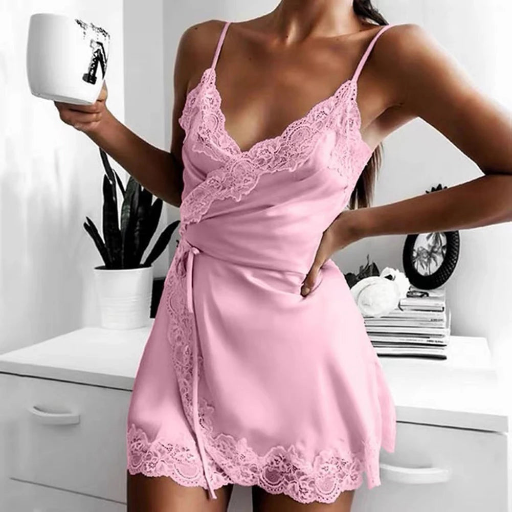 Women\'s Satin Sleepwear Female Backless Nightgown Sexy Lace Nightwear V-Neck Sling Nightdress Solid Color Soft Home Dress