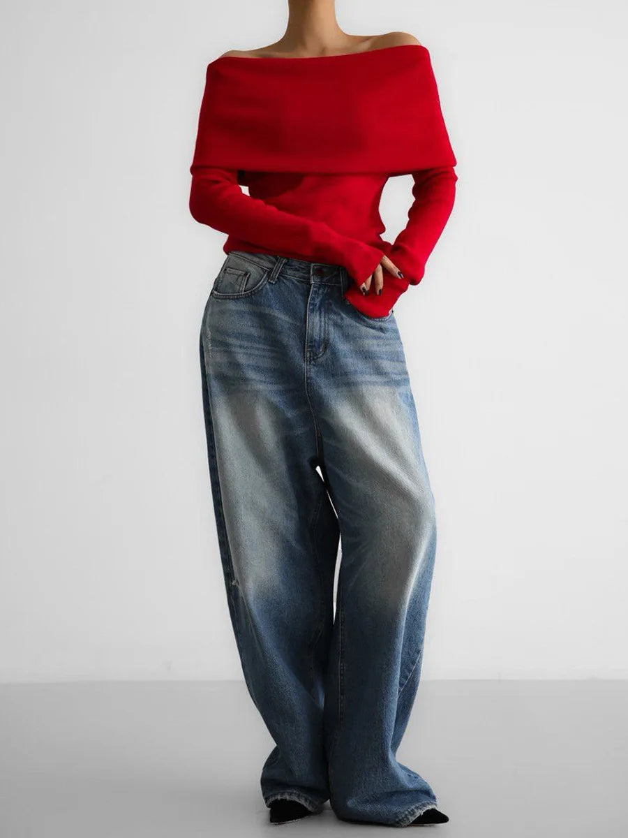 Sweater Women's Autumn and Winter Style Long Sleeved Knitted Base Shirt, One Shoulder Sexy Slim Fit Off Shoulder Top