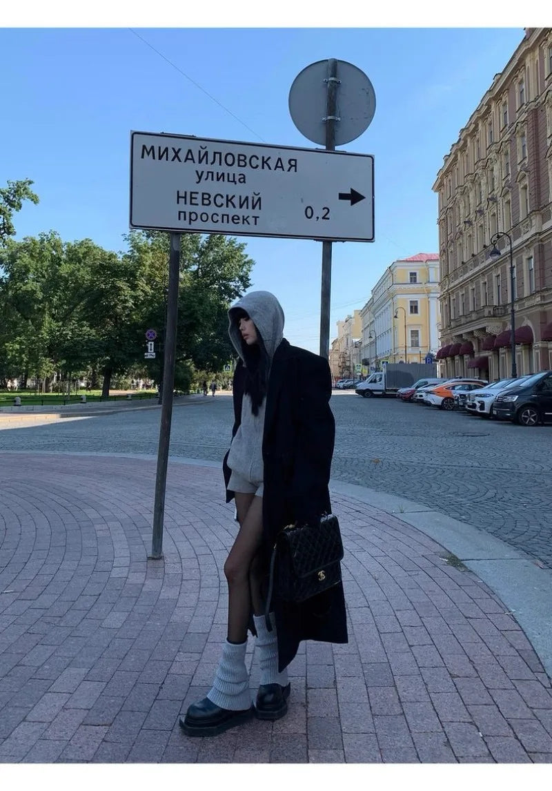 Sweater Set Women American Vintage Hooded Long Sleeve Cardigan Straight Shorts Grey Two Piece Outfit Fall Winter Streetwear Set