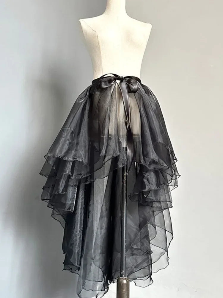 Women Dance Skirts Ballet Gauze Swing Wrap Small Apron Ladies See-through Irregular Bow Tie Knee-length Tailed Mid-length Skirts