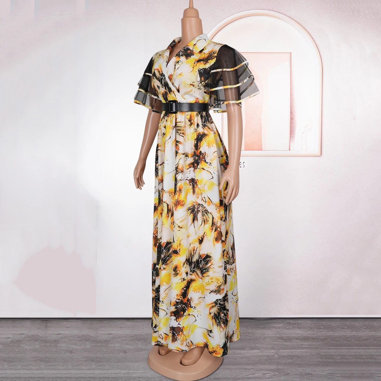 Elegant Printed Dresses for Woman V Neck Ruffles Sleeve Belt Waisted Ankle Length Luxury Birthday Party Dinner Vestidos Mujer