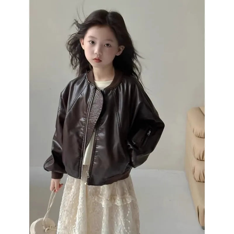 Girls' outerwear Spring and Autumn 2025 New Fashionable Outerwear Short Leather Jacket Autumn Clothing for Children