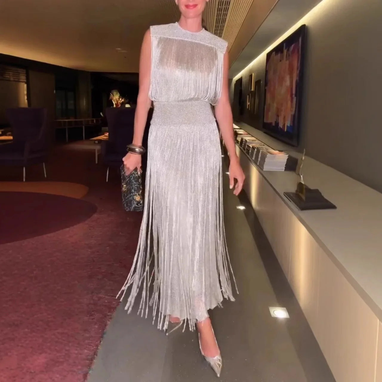 Two Piece Sets Fashion Sequin Fringed Dress for Women Streetwear Glitter Sleeveless Party Gown Elegant O-neck Long Dresses