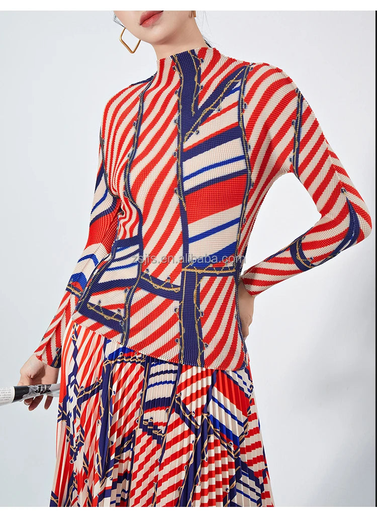 Elegant Women's Two-Piece Dress Set Pleated Striped Long-Sleeved Turtleneck Skirt Ankle Length Woven Fabric Anti-Static