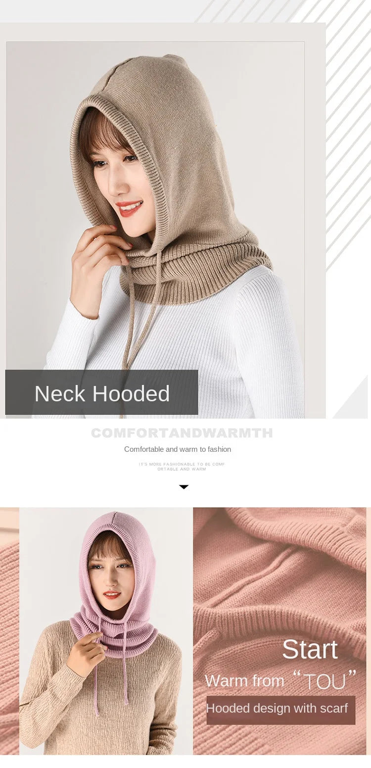 Winter Hats for Women, Wool Blend Hooded Scarf Hat for Girls Balaclava Knit Skull Cap Beanie Hat Neck Gaiters