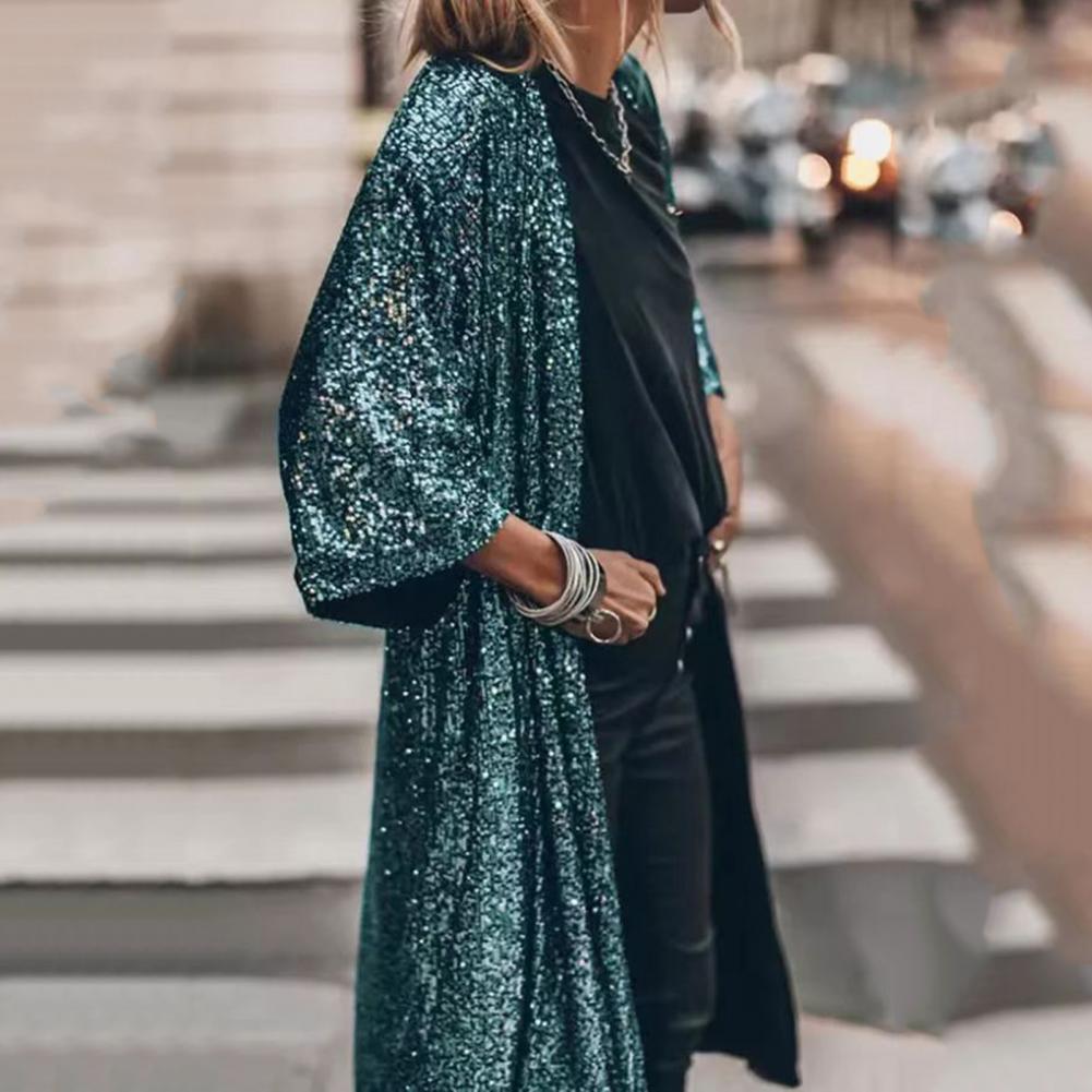 Women Coat Comfy Loose Outerwear Outwear Windproof  Stylish Shining Sequins Cardigan Jacket Top