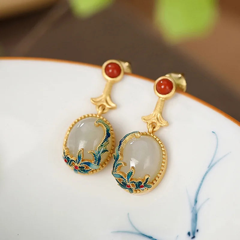 Gold Plated Cloisonne Jewelry Set Inlaid Hetian Jade Chinese Wind Vine Ladies Ring Earring Bracelet Pendant Necklace