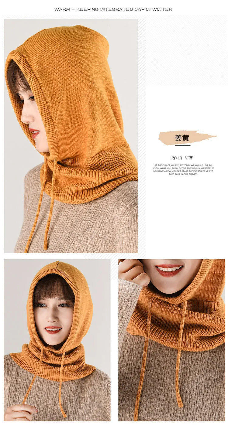 Winter Hats for Women, Wool Blend Hooded Scarf Hat for Girls Balaclava Knit Skull Cap Beanie Hat Neck Gaiters