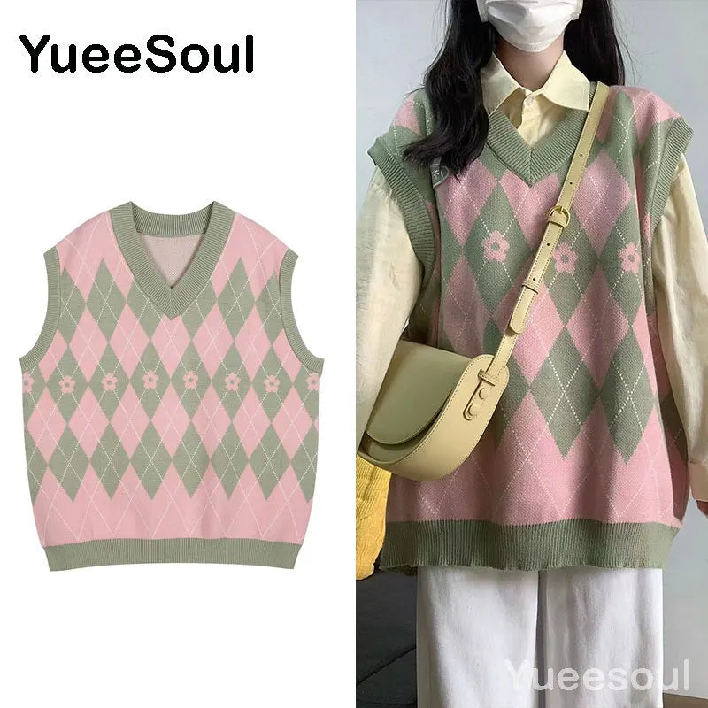 Sweet Kawaii Sweater Vest Printed Sleeveless Casual Outerwear Knitted Waistcoat 2023 Vintage Y2K Spring  E Girl Pullovers Tops